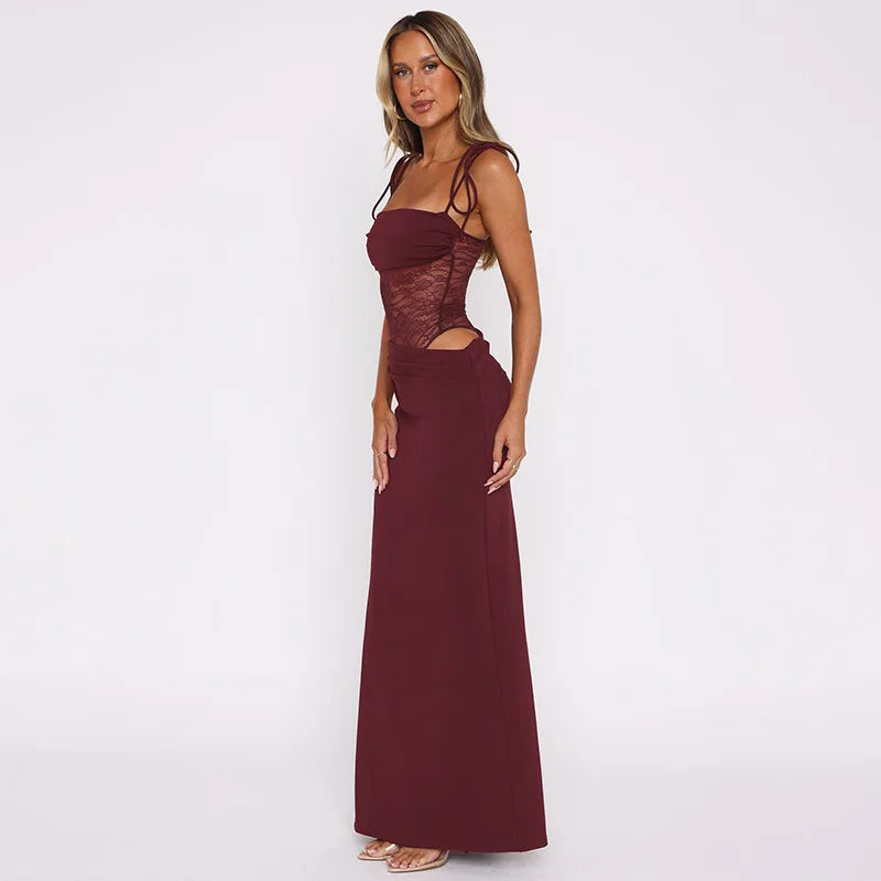 Alluring Burgundy Lace Maxi Dress