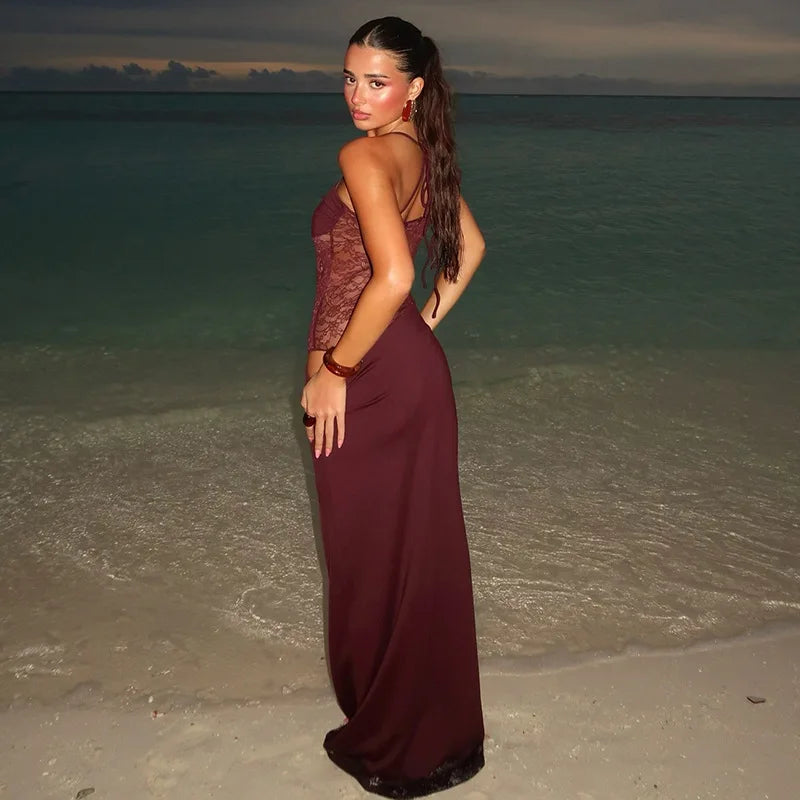 Alluring Burgundy Lace Maxi Dress