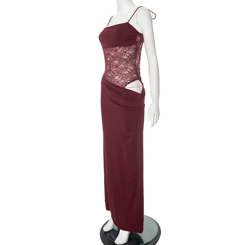 Alluring Burgundy Lace Maxi Dress
