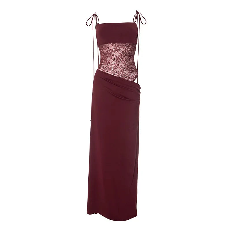 Alluring Burgundy Lace Maxi Dress