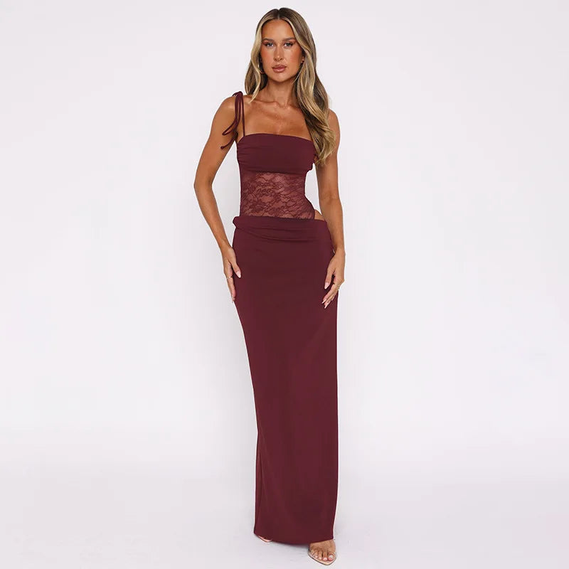 Alluring Burgundy Lace Maxi Dress