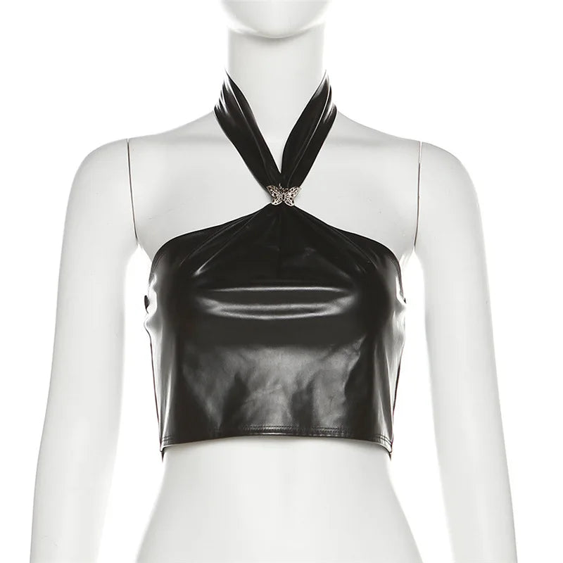 Obsidian Twist Top - Halter Leather Crop
