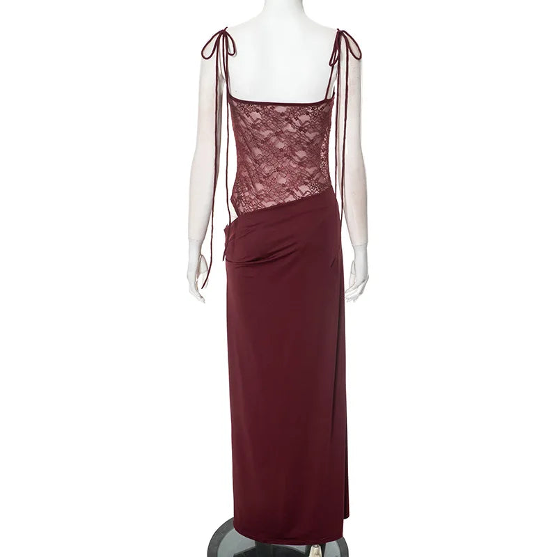 Alluring Burgundy Lace Maxi Dress
