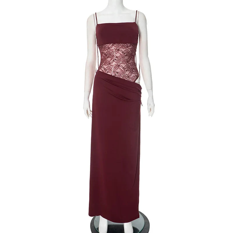 Alluring Burgundy Lace Maxi Dress